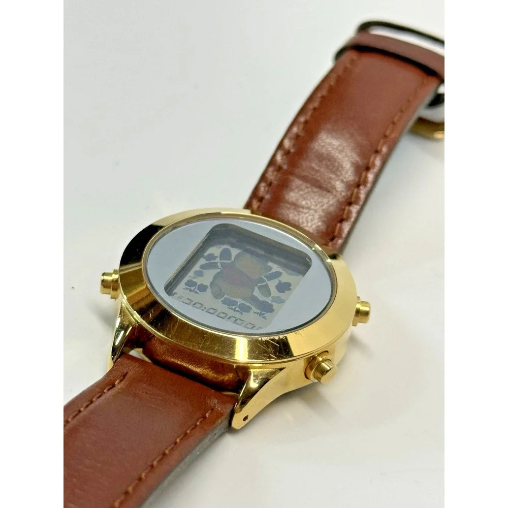 Vintage Disney Pooh Bear Watch S11 Flowers Butterfly Colorful Gold Brown Leather